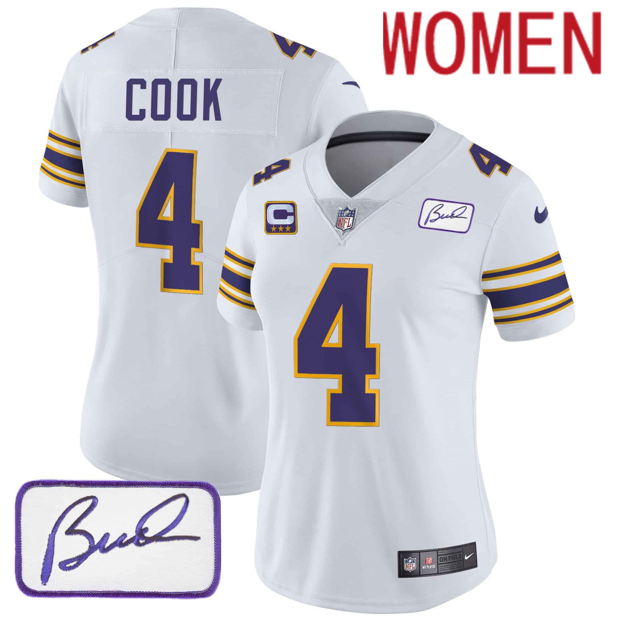 Women Minnesota Vikings 4 Cook White 2024 Nike Bud Grant Patch Classic Limited NFL Jersey